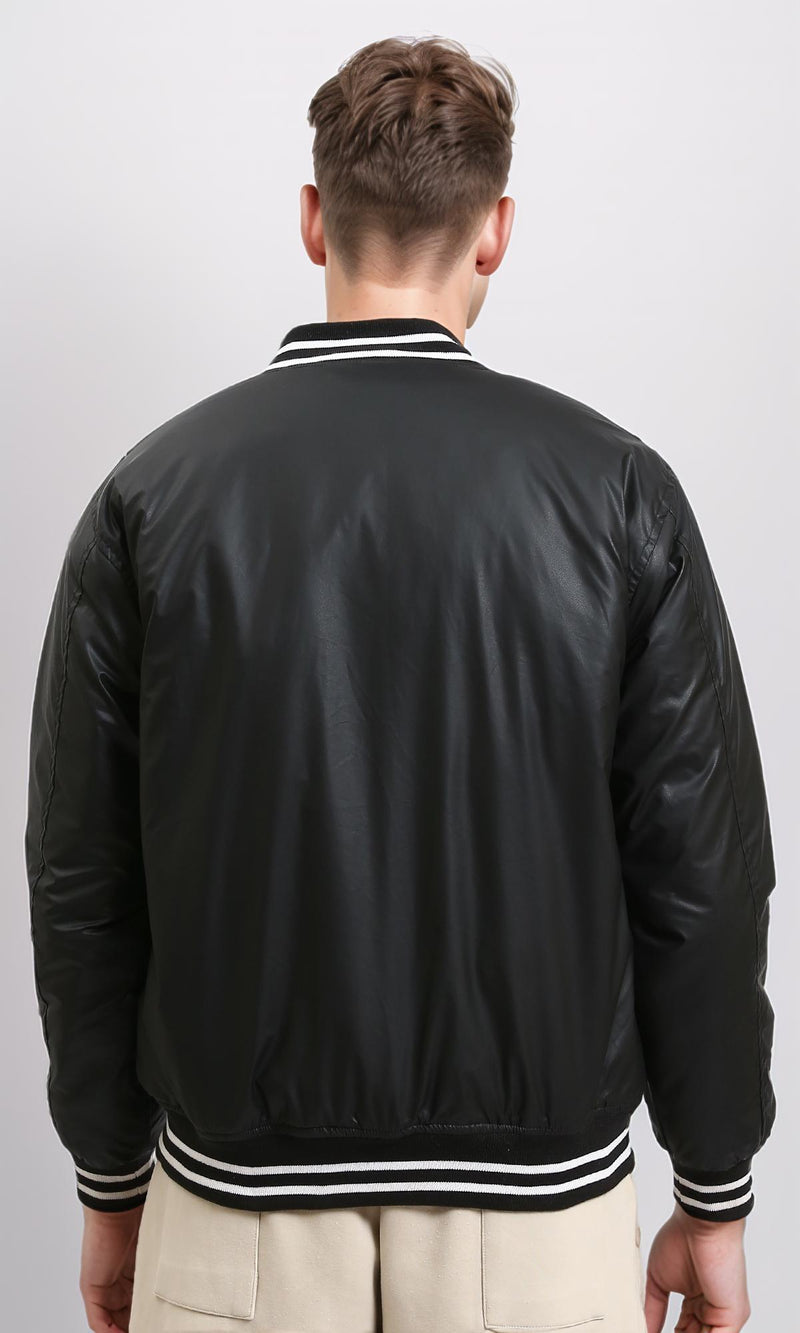 R213113 - Solid Bomber Jacket with Striped Hem - Black