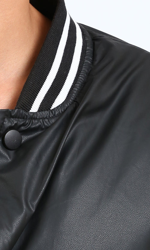 R213113 - Solid Bomber Jacket with Striped Hem - Black