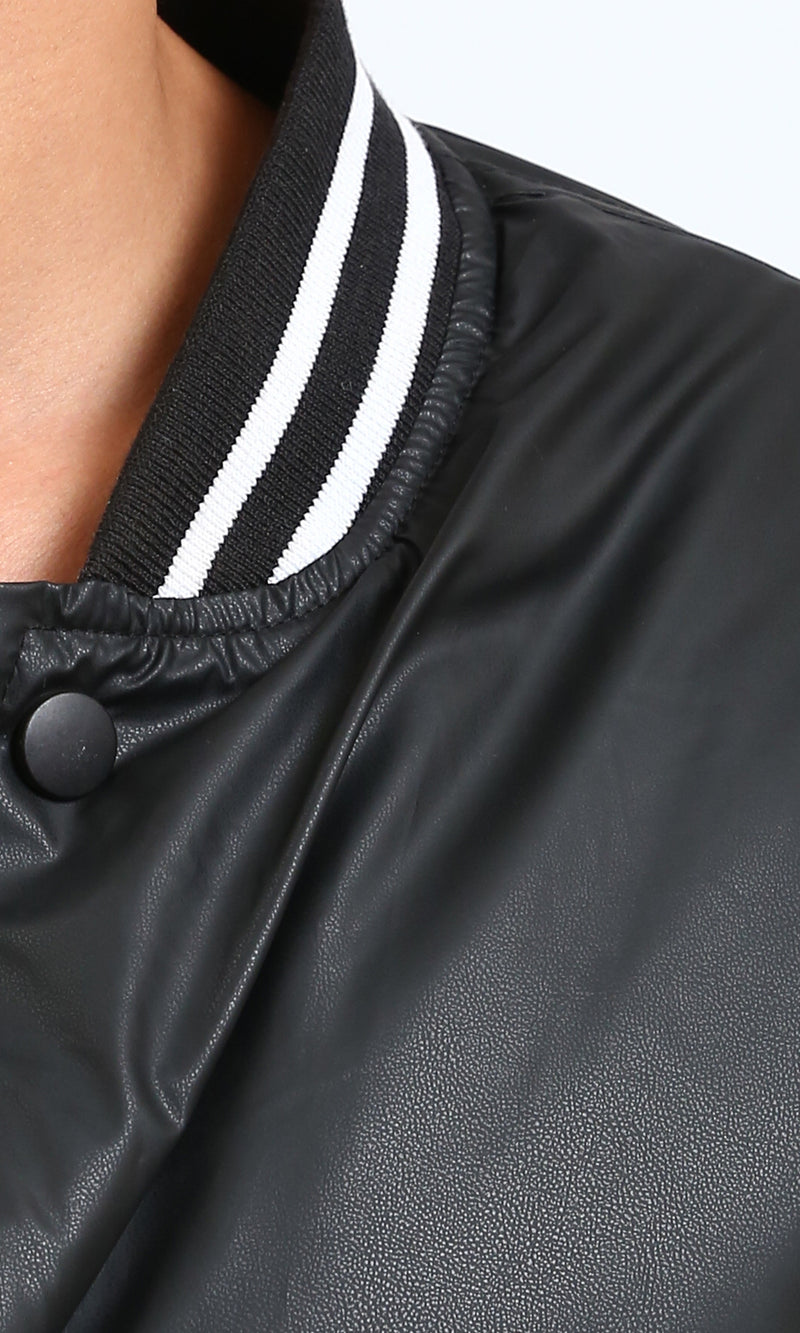 R213113 - Solid Bomber Jacket with Striped Hem - Black