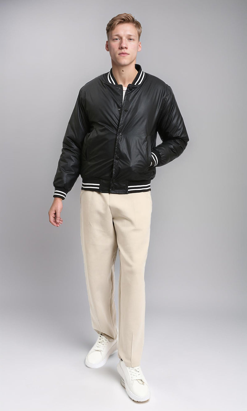 R213113 - Solid Bomber Jacket with Striped Hem - Black
