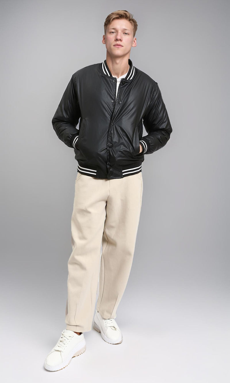 R213113 - Solid Bomber Jacket with Striped Hem - Black