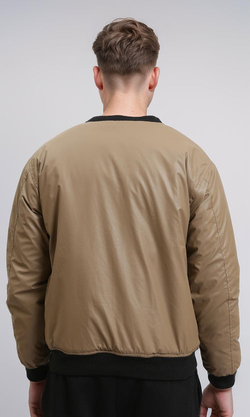 R213114 - Solid Bomber Jacket with Striped Hem - Coffee