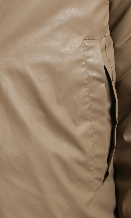 R213114 - Solid Bomber Jacket with Striped Hem - Coffee