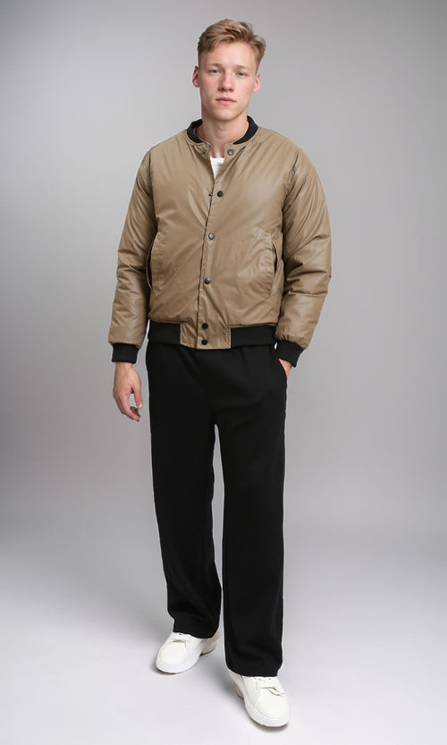 R213114 - Solid Bomber Jacket with Striped Hem - Coffee