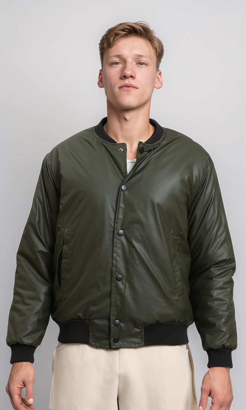 R213115 - Solid Bomber Jacket with Striped Hem - Dark Khaki