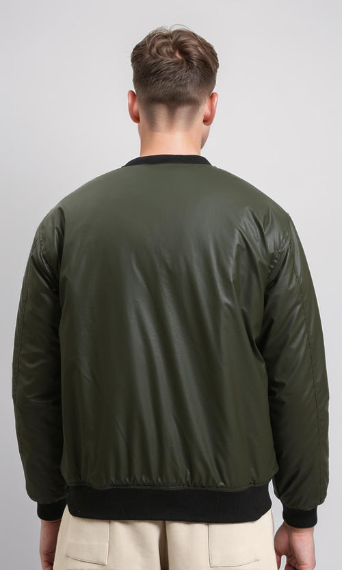 R213115 - Solid Bomber Jacket with Striped Hem - Dark Khaki