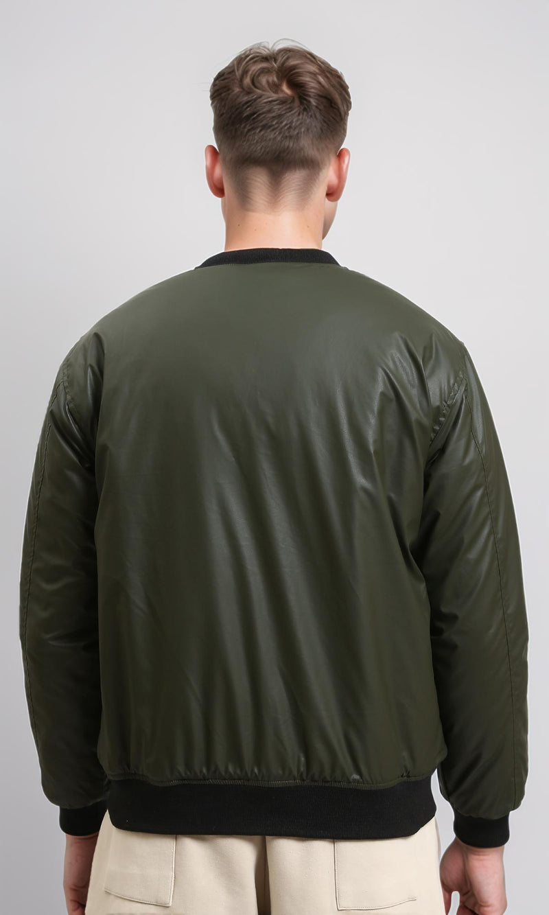 R213115 - Solid Bomber Jacket with Striped Hem - Dark Khaki