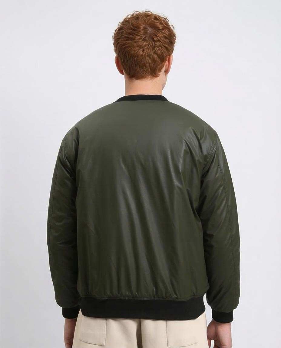R213115 - Solid Bomber Jacket with Striped Hem - Dark Khaki