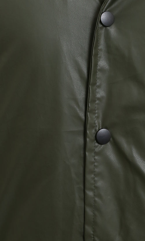 R213115 - Solid Bomber Jacket with Striped Hem - Dark Khaki