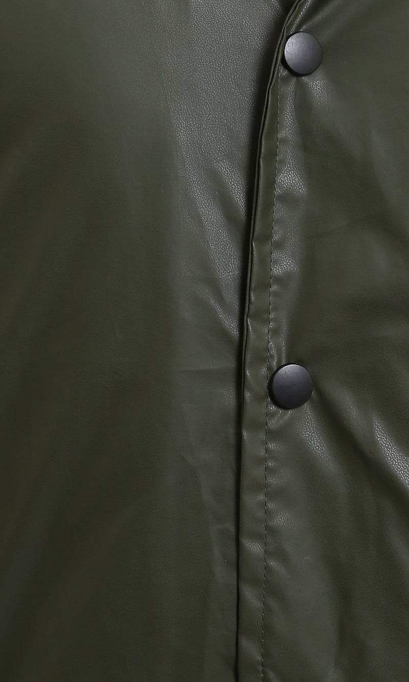 R213115 - Solid Bomber Jacket with Striped Hem - Dark Khaki