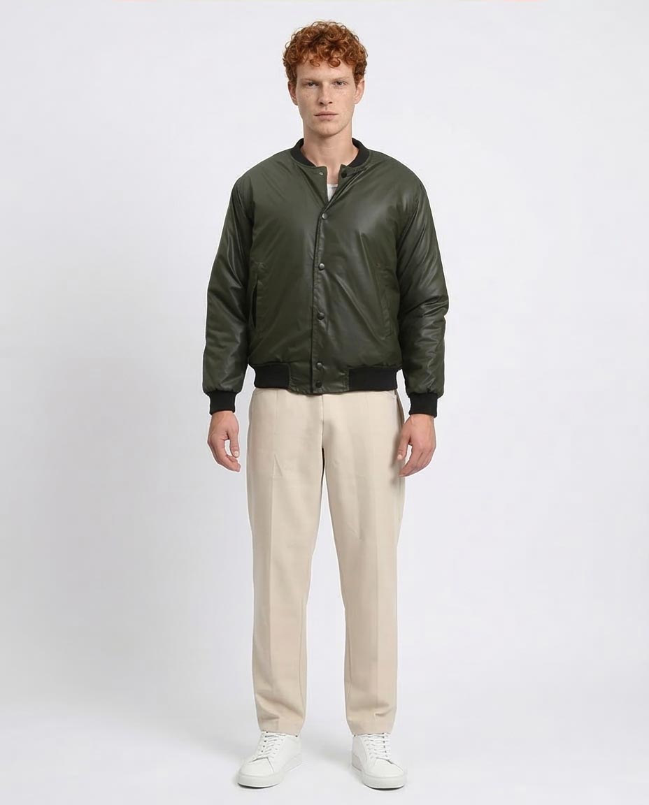 R213115 - Solid Bomber Jacket with Striped Hem - Dark Khaki