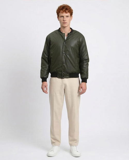 R213115 - Solid Bomber Jacket with Striped Hem - Dark Khaki