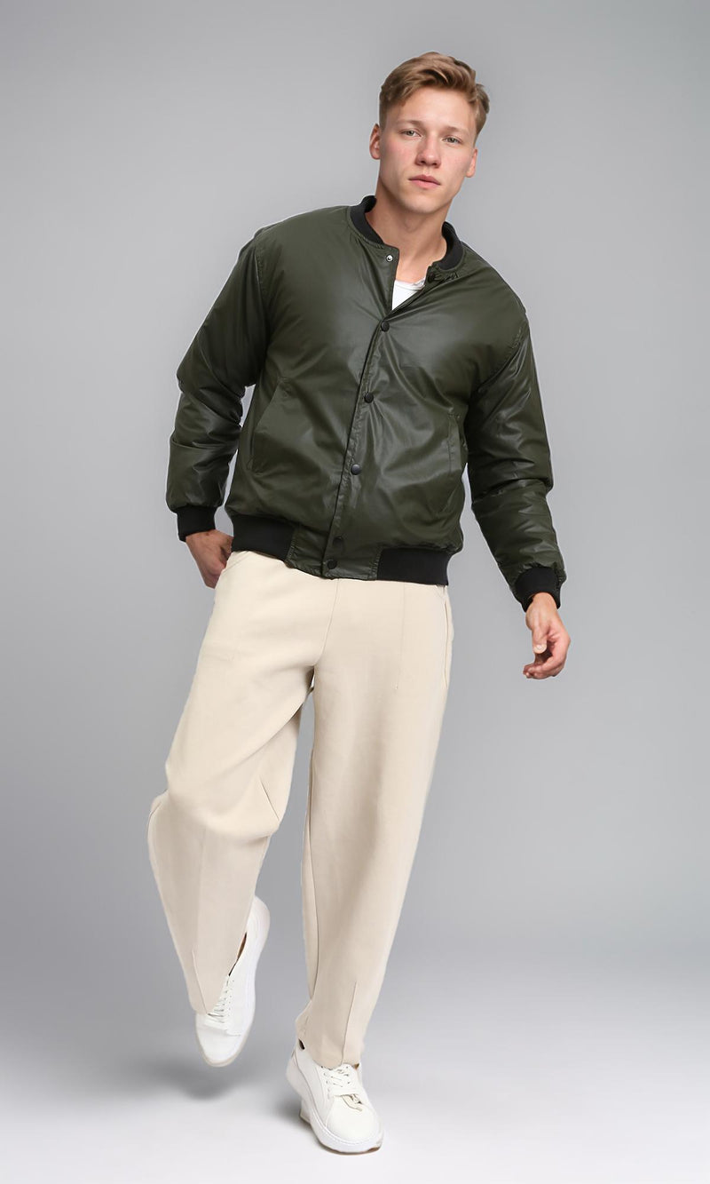 R213115 - Solid Bomber Jacket with Striped Hem - Dark Khaki
