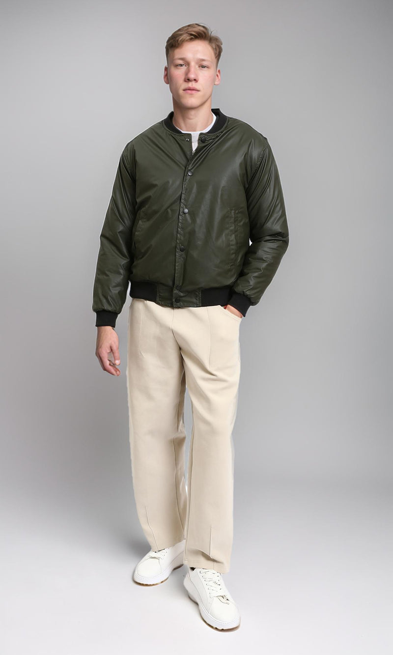 R213115 - Solid Bomber Jacket with Striped Hem - Dark Khaki