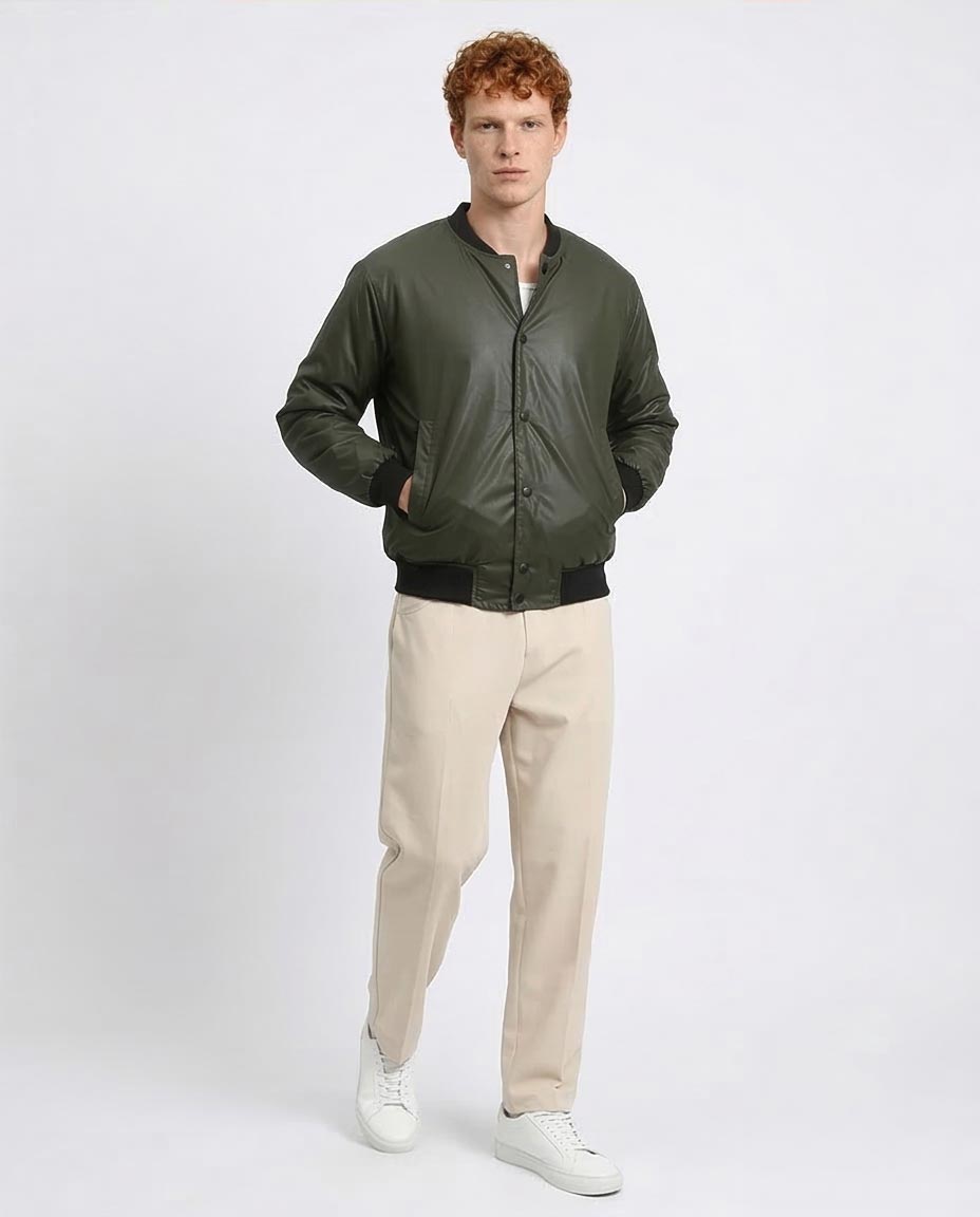 R213115 - Solid Bomber Jacket with Striped Hem - Dark Khaki