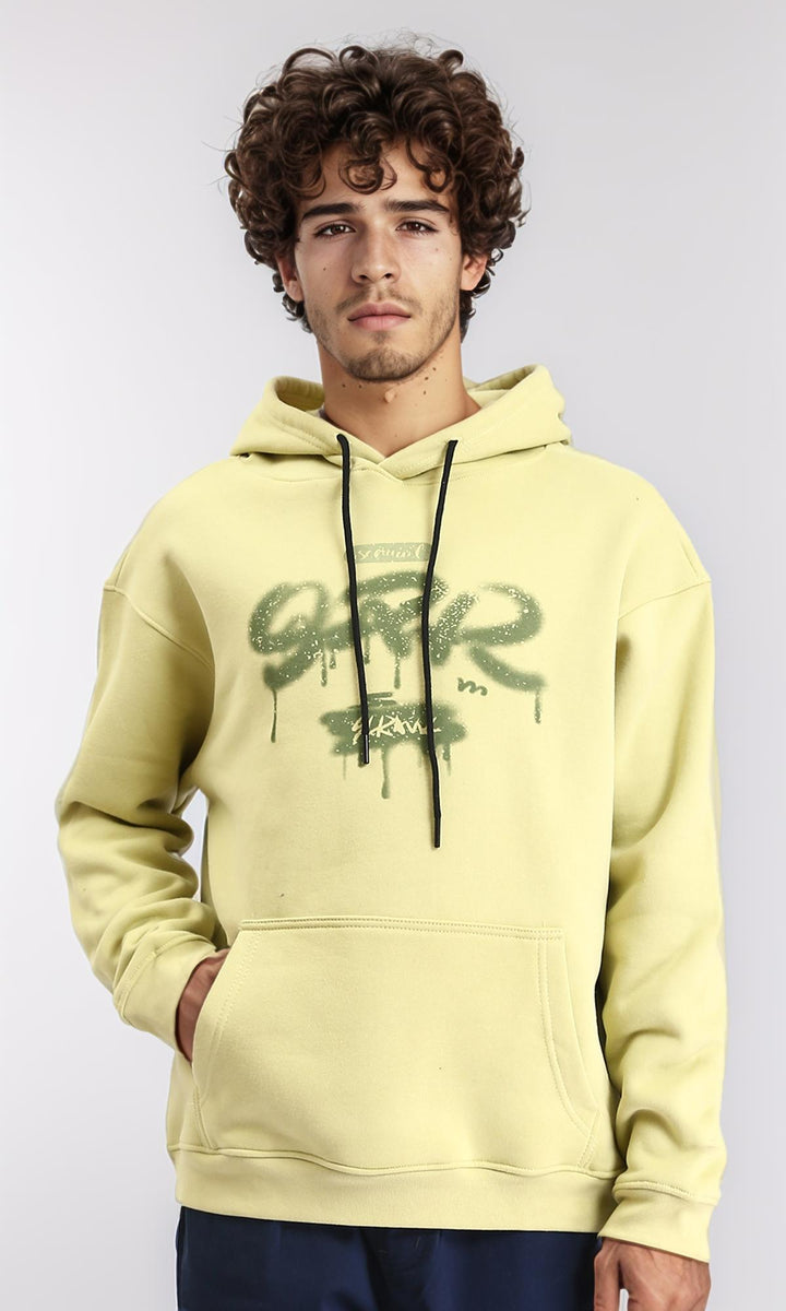 Hooded Neck with Drawstring Printed Hoodie - Yellow Green