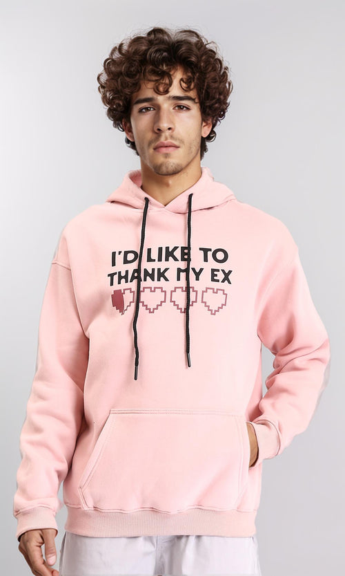 Printed Cotton Hoodie with Kangaroo Pocket - Pastel Pink