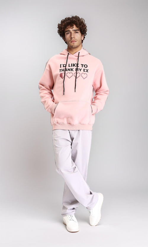 R213121 - Printed Cotton Hoodie with Kangaroo Pocket - Pastel Pink