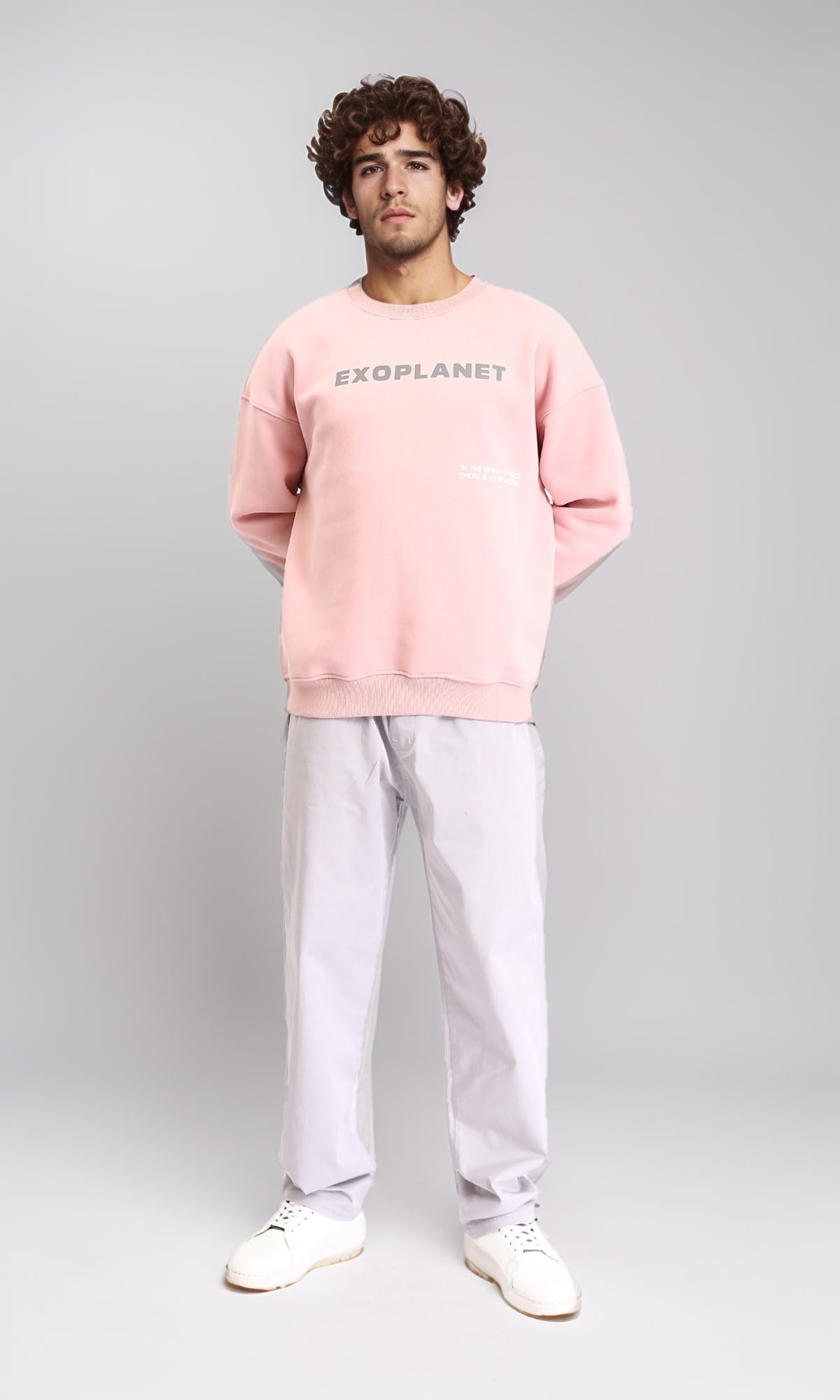 "Exoplanet" Printed Over Size Melton Sweatshirt in Pastel Pink - R213122