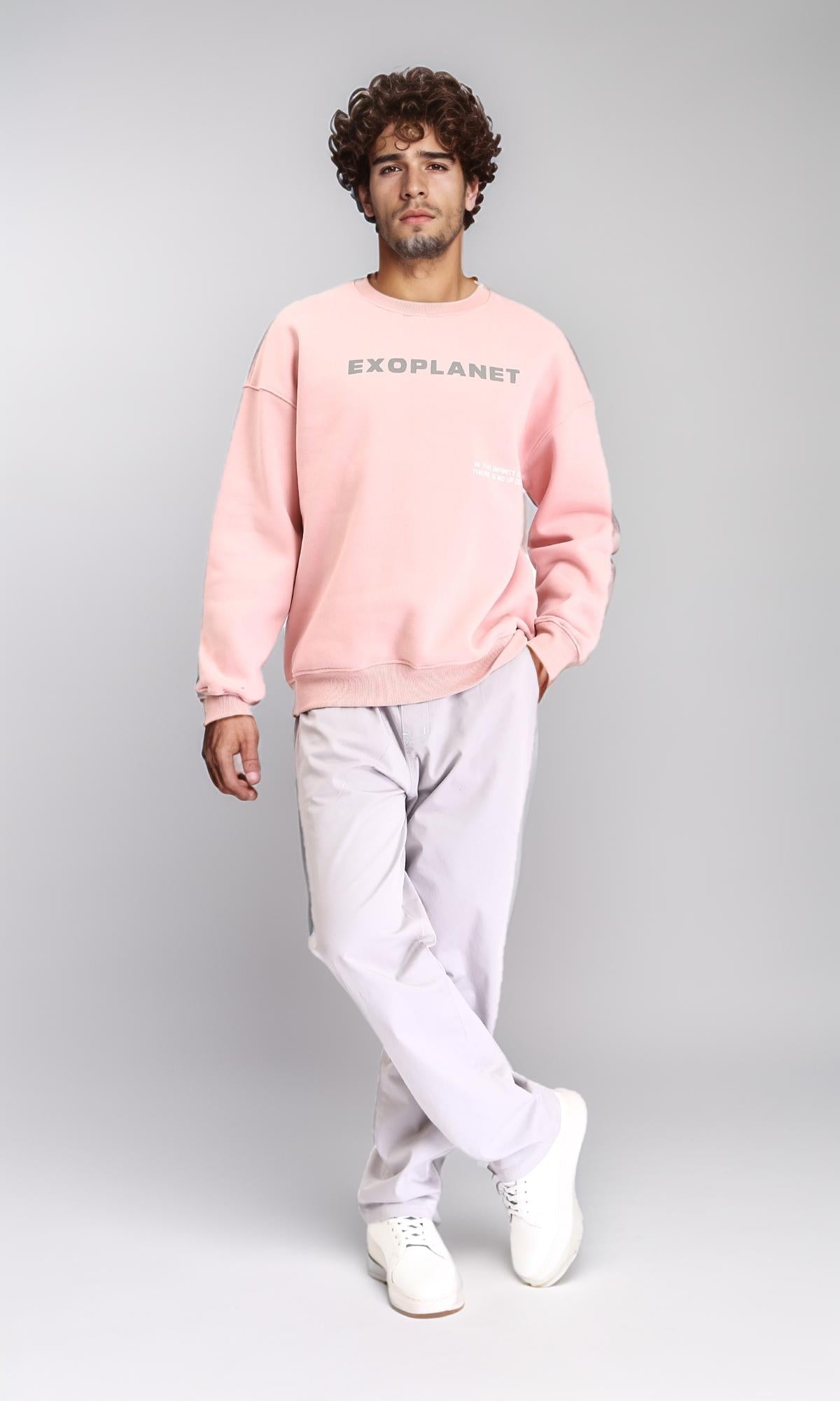 "Exoplanet" Printed Over Size Melton Sweatshirt in Pastel Pink - R213122