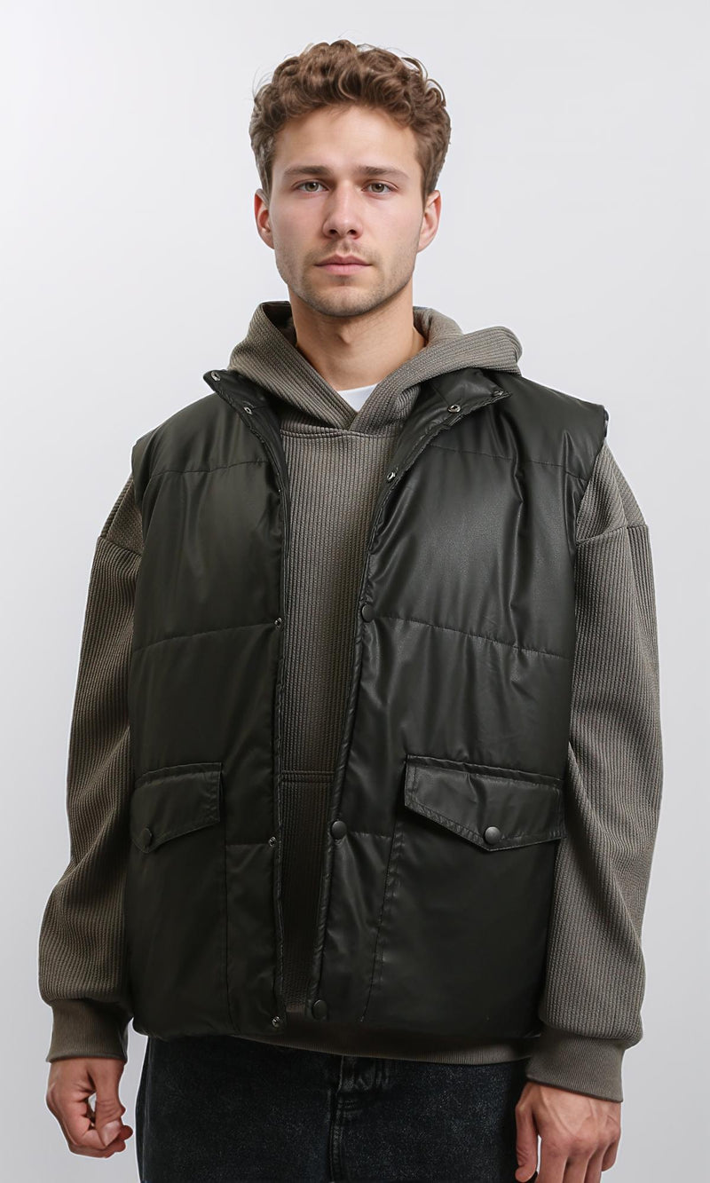 R213126 - Stand Collar Sleeveless Bomber Vest - Black