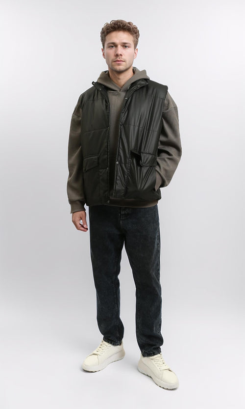 R213126 - Stand Collar Sleeveless Bomber Vest - Black