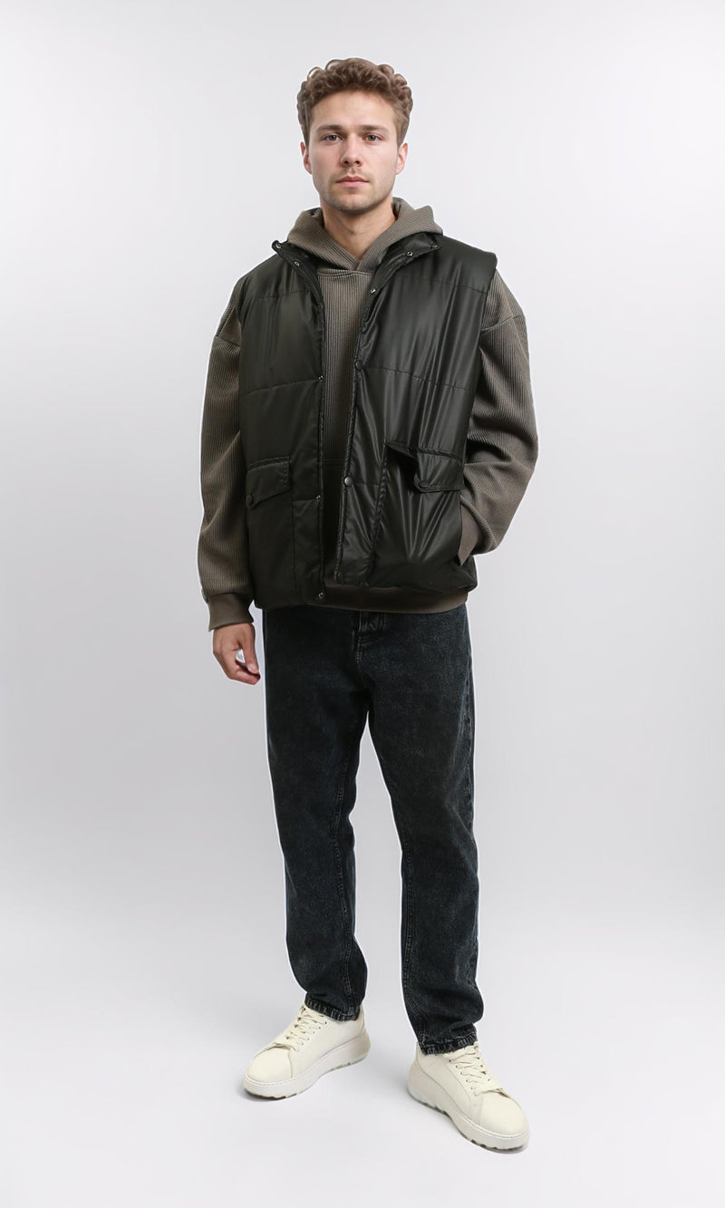 R213126 - Stand Collar Sleeveless Bomber Vest - Black