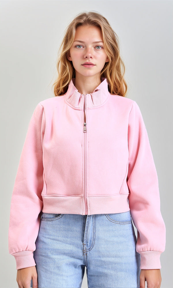 R213129 - Solid Long Sleeves Zipped Short Jacket - Light Pink