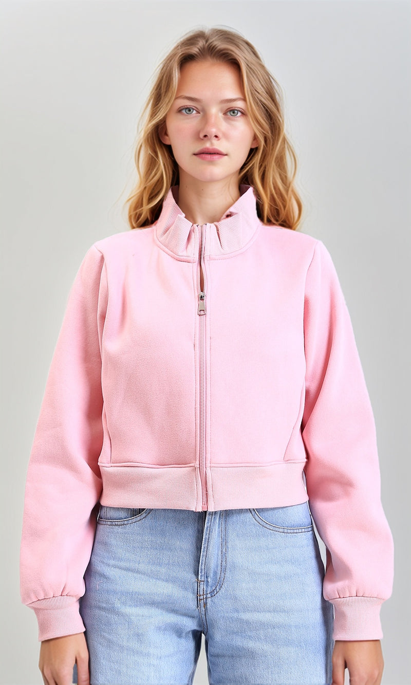 R213129 - Solid Long Sleeves Zipped Short Jacket - Light Pink
