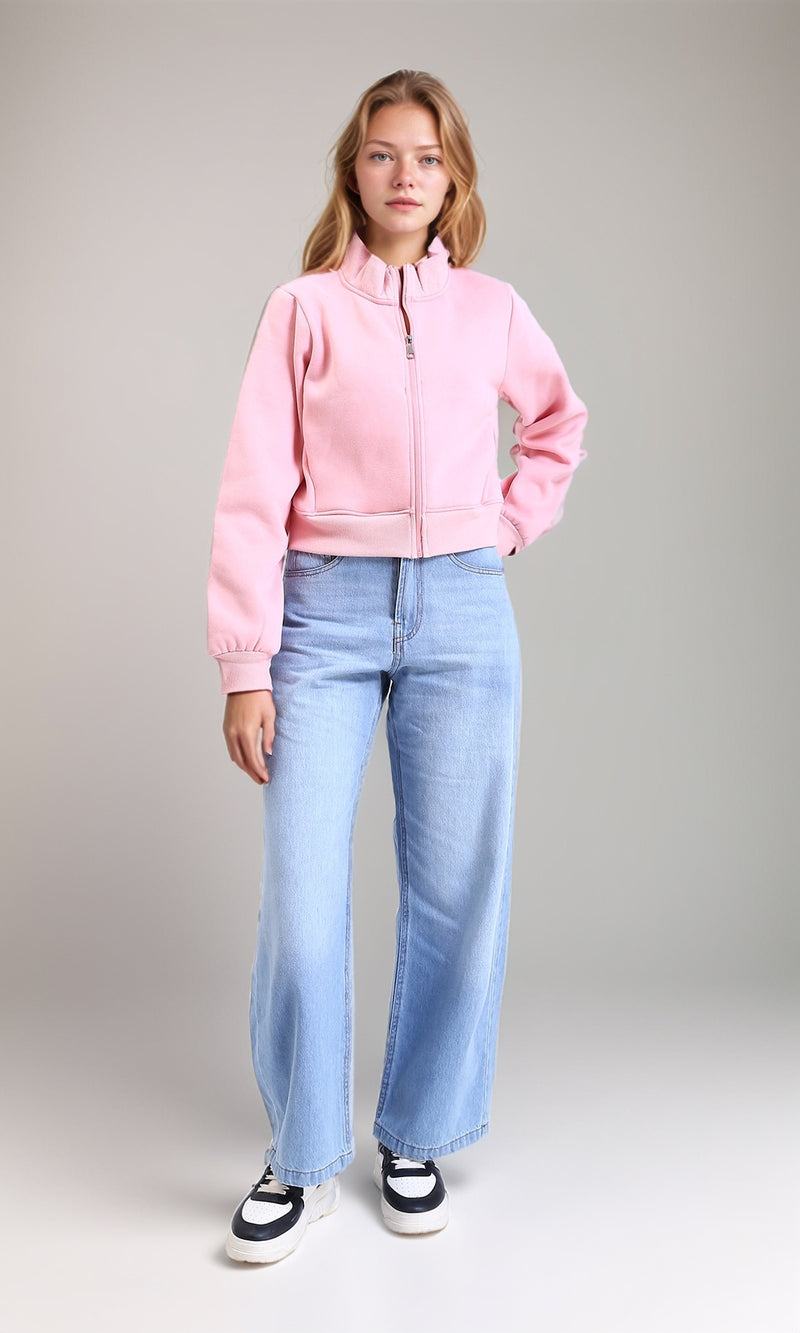 R213129 - Solid Long Sleeves Zipped Short Jacket - Light Pink