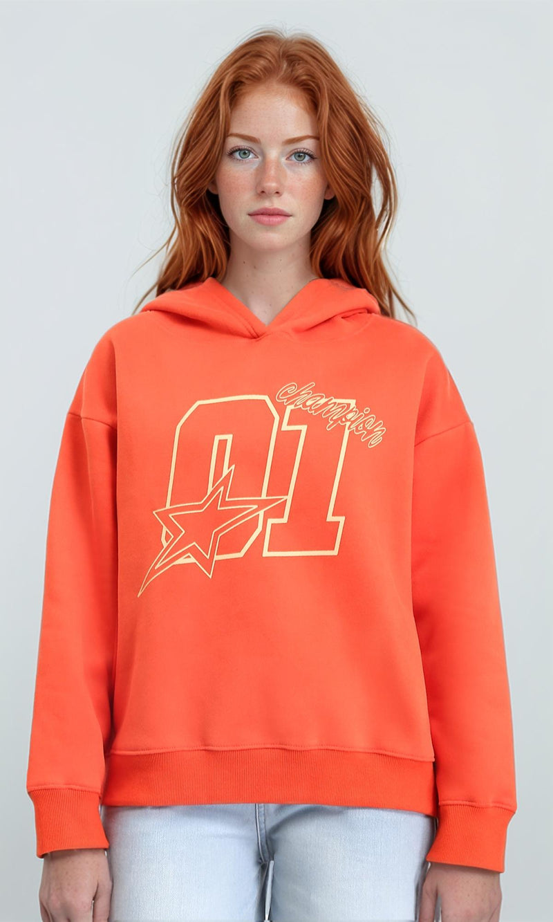 R213130 - Slip On Casual Printed Hoodie - Orange
