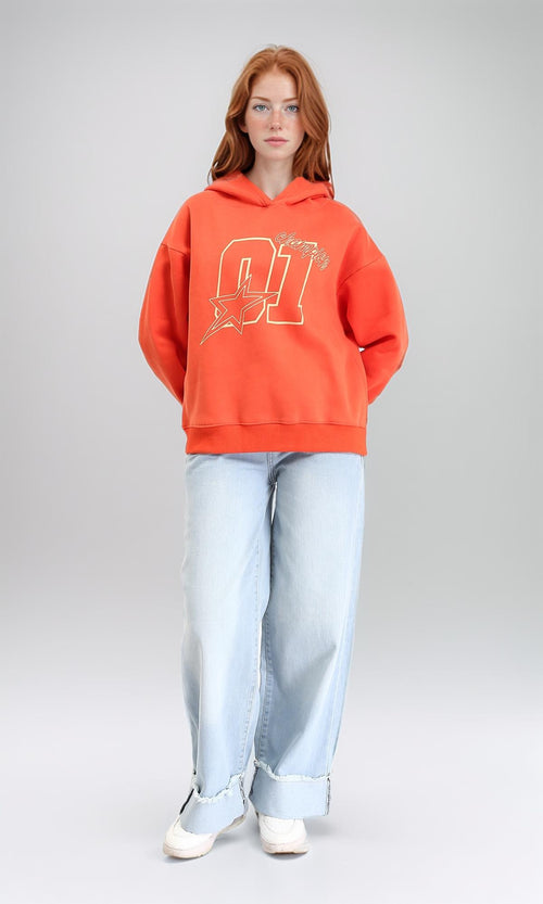 R213130 - Slip On Casual Printed Hoodie - Orange