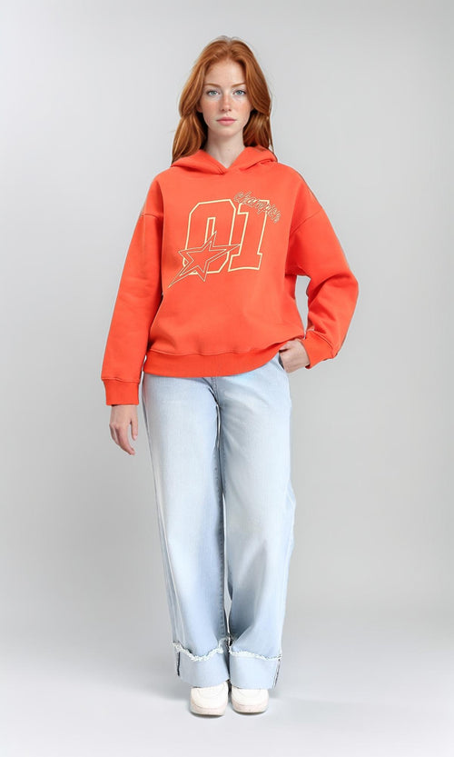 R213130 - Slip On Casual Printed Hoodie - Orange