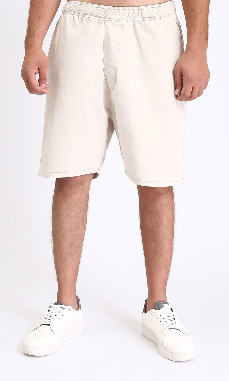 R213140 - Solid Pattern Slip On Casual Shorts - Beige