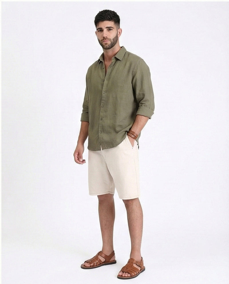 R213140 - Solid Pattern Slip On Casual Shorts - Beige