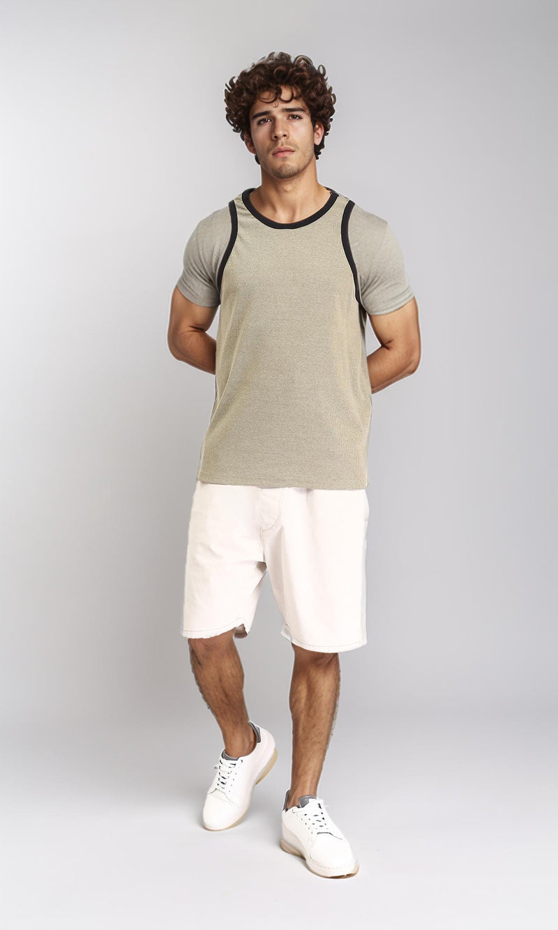 R213140 - Solid Pattern Slip On Casual Shorts - Beige