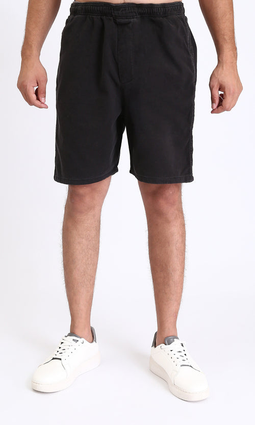 R213142 - Solid Pattern Slip On Casual Shorts - Black