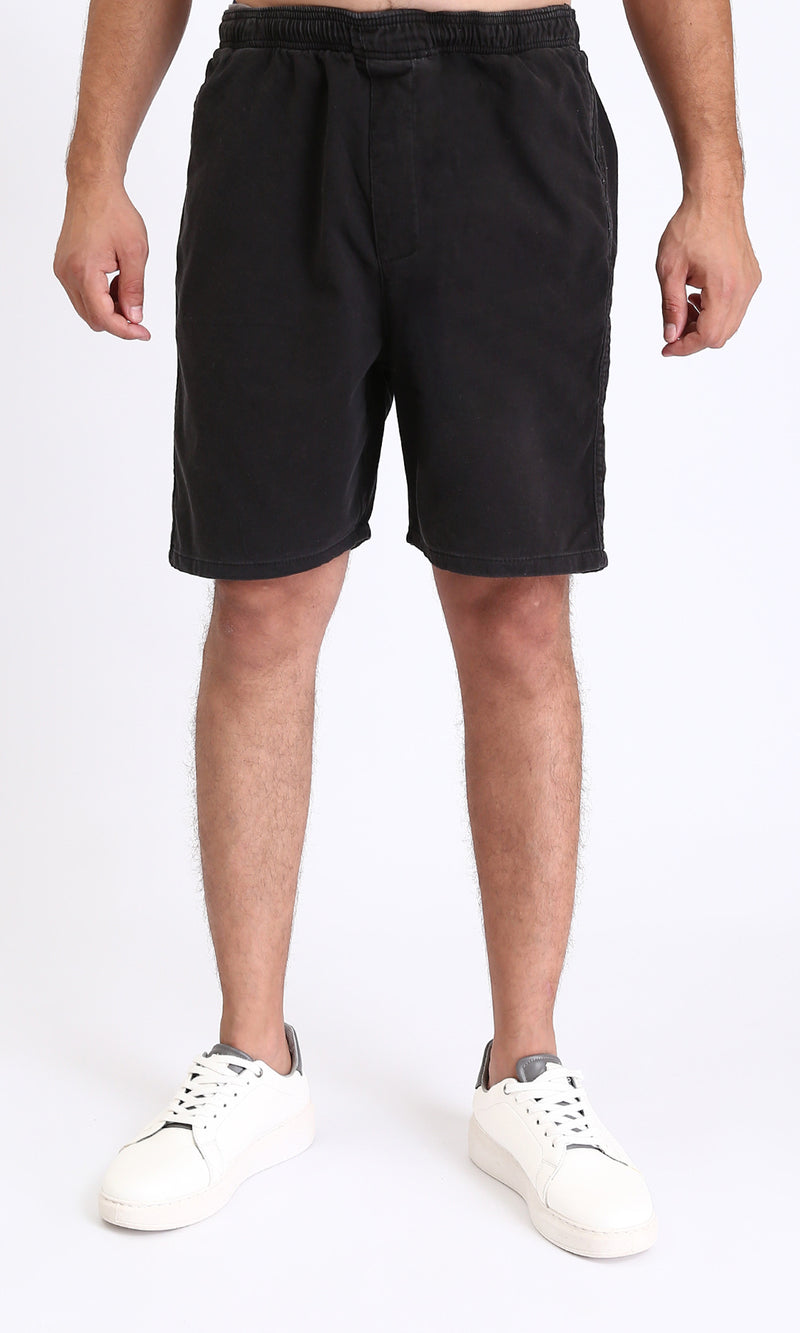 R213142 - Solid Pattern Slip On Casual Shorts - Black