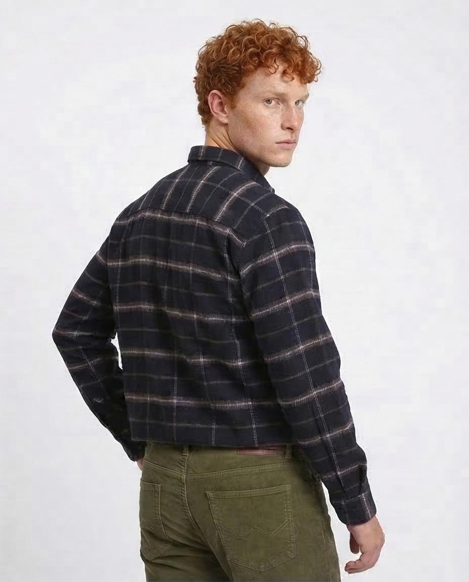 Ravin Men's Brushed Flannel Checked Overshirt - Navy & Olive- Plaids Long Sleeves Winter Shirt - Navy Blue - R213197