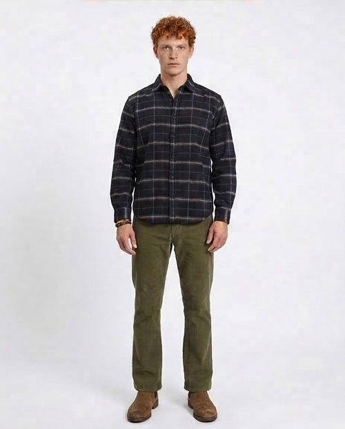 Ravin Men's Brushed Flannel Checked Overshirt - Navy & Olive- Plaids Long Sleeves Winter Shirt - Navy Blue - R213197