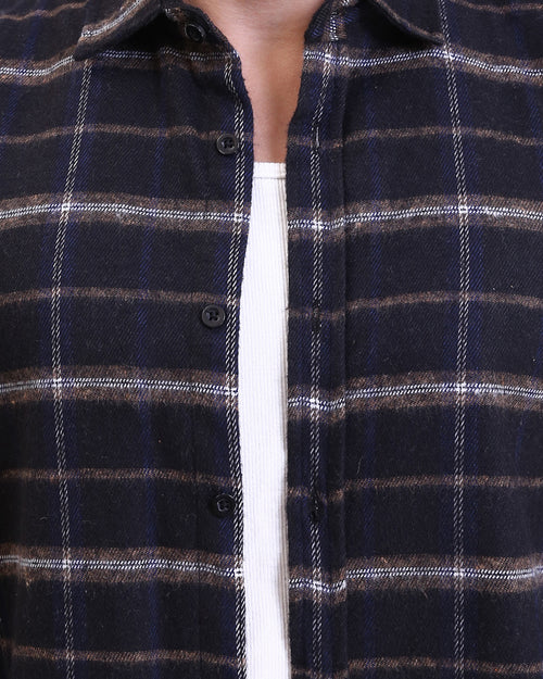 Ravin Men's Brushed Flannel Checked Overshirt - Navy & Olive- Plaids Long Sleeves Winter Shirt - Navy Blue - R213197