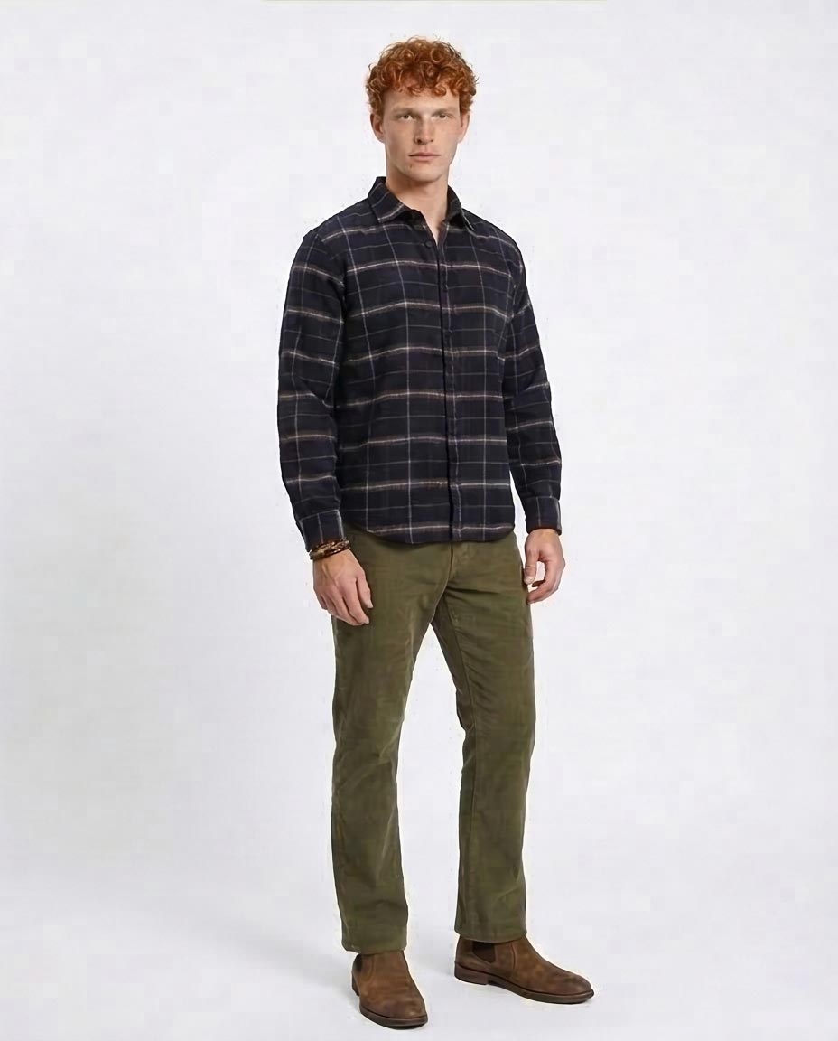 Ravin Men's Brushed Flannel Checked Overshirt - Navy & Olive- Plaids Long Sleeves Winter Shirt - Navy Blue - R213197