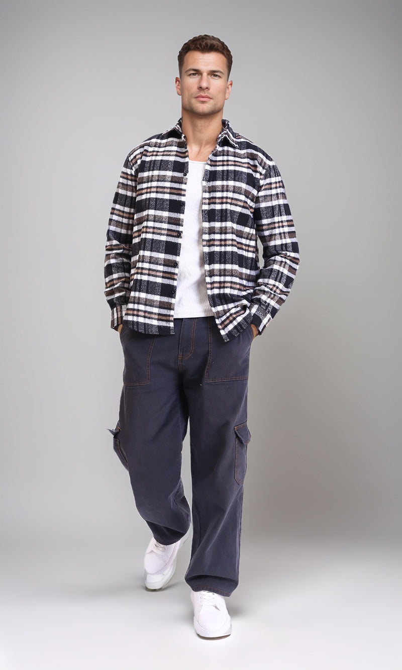 R213198 - Tartan Shirt with Turn Down Collar - Black & Brown