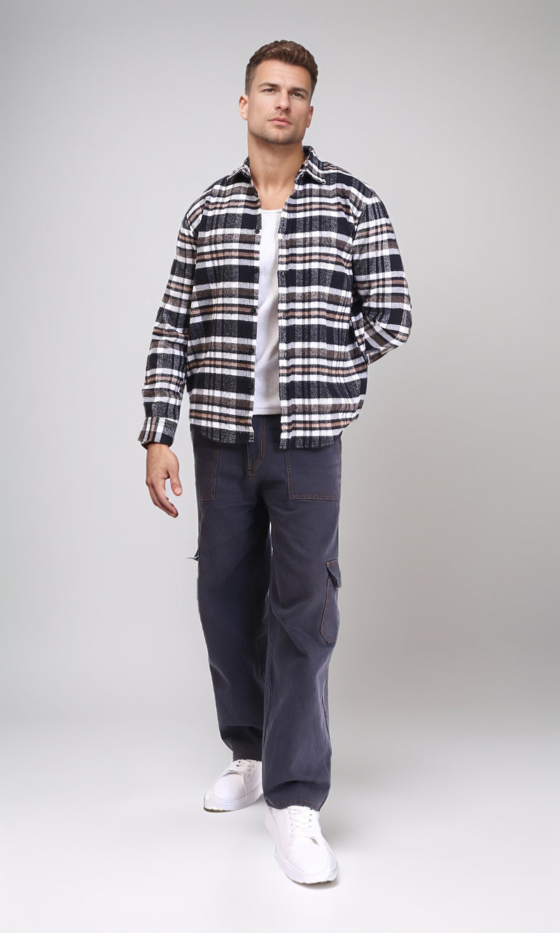 R213198 - Tartan Shirt with Turn Down Collar - Black & Brown