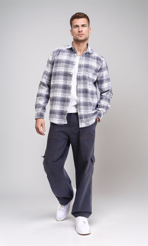 R213199 - Casual Buttons Down Tartan Shirt - Grey & White