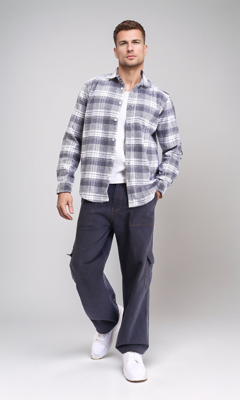 R213199 - Casual Buttons Down Tartan Shirt - Grey & White