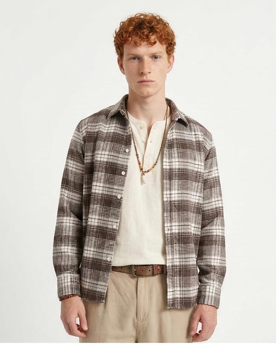 Man wearing a plaid shirt over a white shirt on a plain background