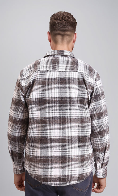 R213200 - Casual Buttons Down Tartan Shirt - Coffee & White