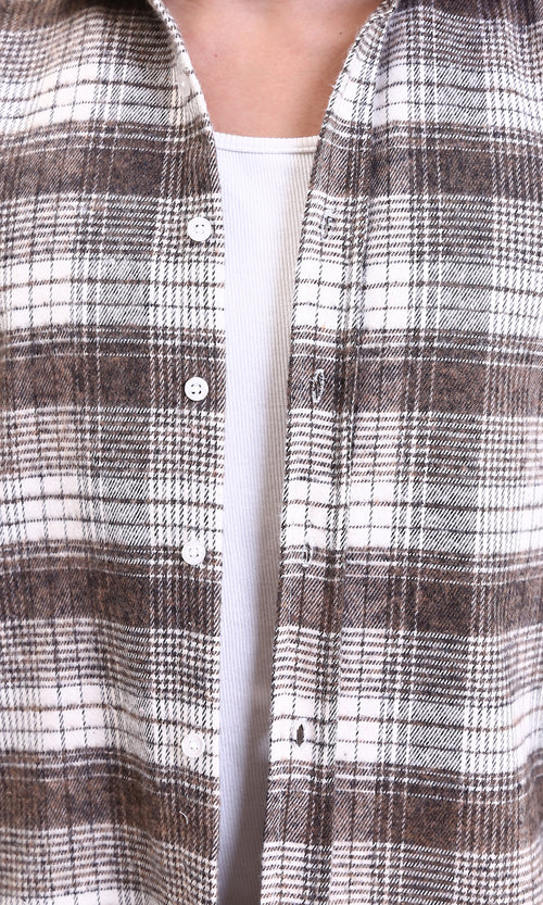 R213200 - Casual Buttons Down Tartan Shirt - Coffee & White