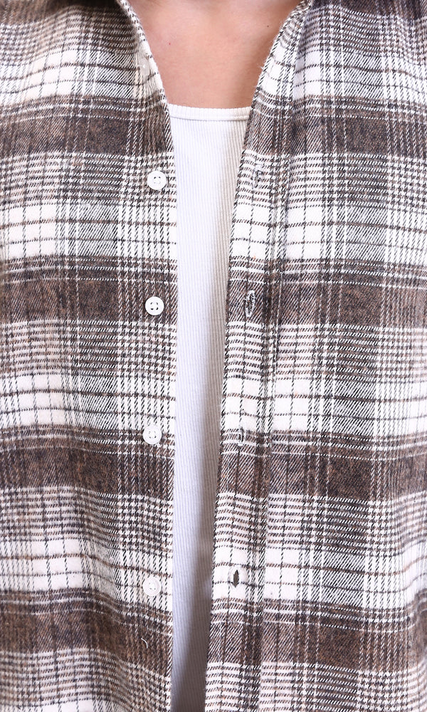 R213200 - Casual Buttons Down Tartan Shirt - Coffee & White
